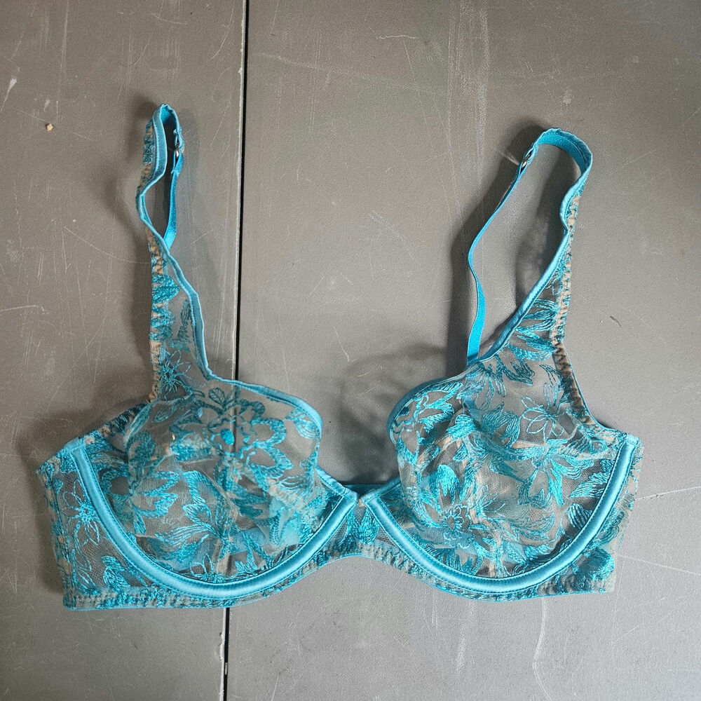 Myla London Turquoise Floral Lace Underwire Bra 32D Sheer Luxury Lingerie